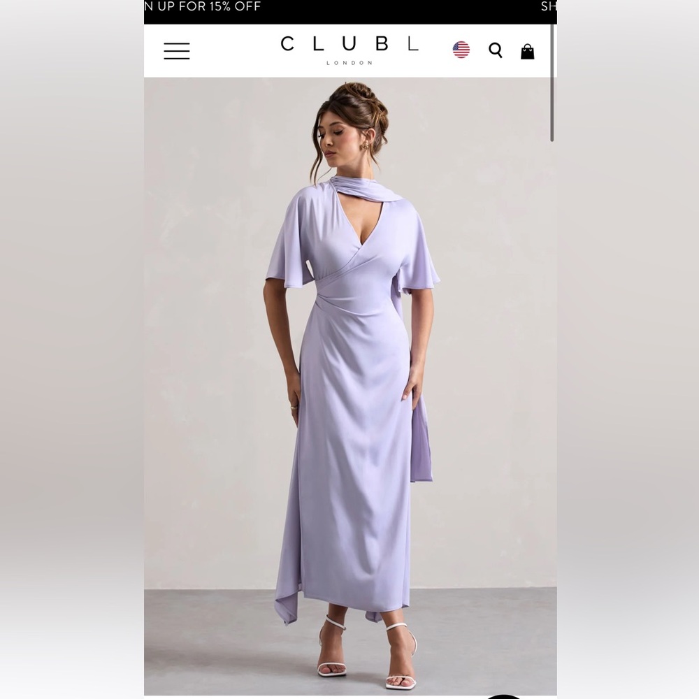 Club L London Violet Midi wedding guest dress with attached scarf.